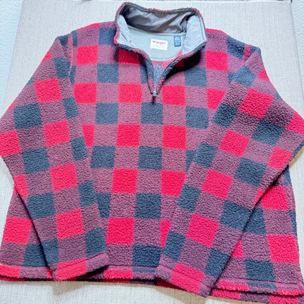 Wrangler Authentics Mens Red Black Buffalo Plaid Fleece Quarter Zip Pullover 2XL